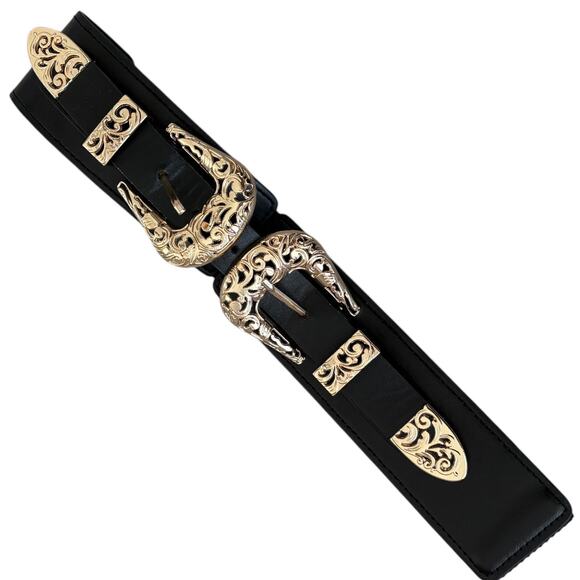 Western Double Buckle Black Stretch Waist Belt Gold Glam Rock Engraved Cowgirl - Picture 3 of 5